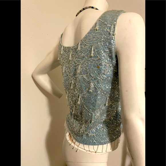 NEW blue sequins sparkly beaded zip up sleeveless dressy top vest jacket Vintage - Picture 7 of 11